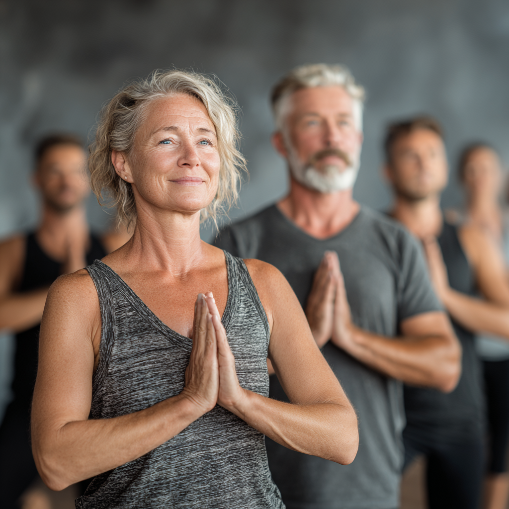 Group of mature adults aged 45-55 practicing yoga together in bright studio, showing community and wellness focus