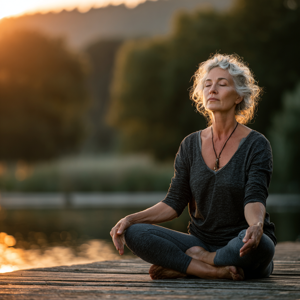 Mature woman in her 50s practicing yoga outdoors in peaceful natural setting, demonstrating flexibility and mindfulness